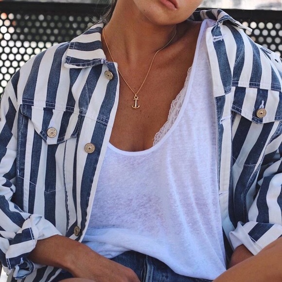 blue and white striped denim jacket